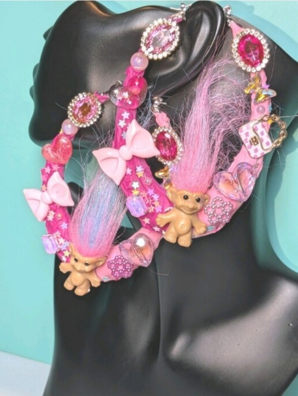 Hand CRAFTED XL Pink Troll Doll Hoop Earrings with Bow & Gem Accents